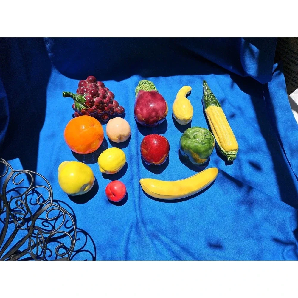 12 Ceramic Fruit Vegetables Eggplant Corn Pear Grapes Lemon Pepper Squash Banana